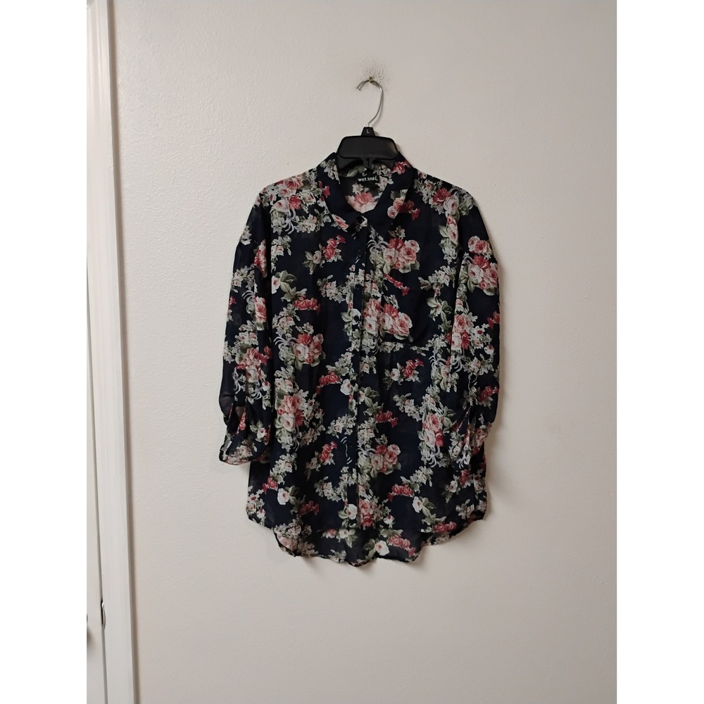 Wet Seal Navy Blue Floral Chiffon Button Up Blouse Rose Print Long Sleeve Small